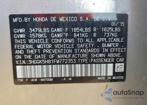 2015 Honda Fit Ex из США, поврежденный, VIN 3HGGK5H81FM772353